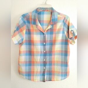 Bon Worth Womens Camp Shirt Short Sleeve Colorful Blue Orange Yellow Check Small